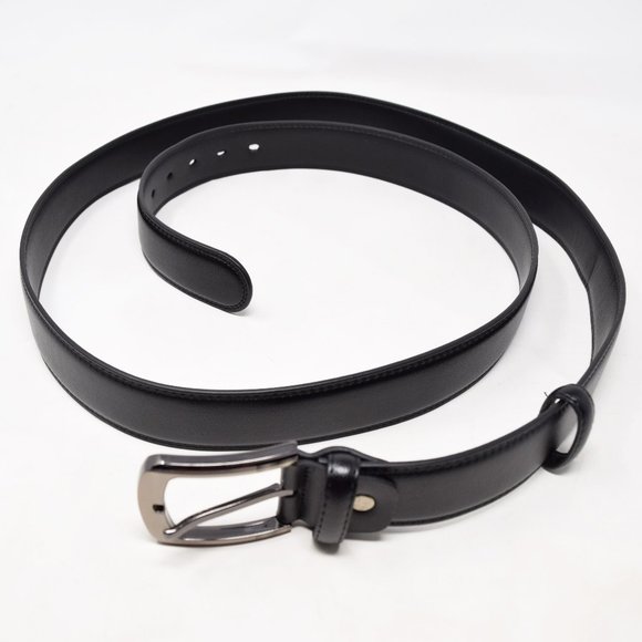 Faux Leather Belt Men 61 65 Black Career Professional Silvertone Buckle Preppy - Picture 8 of 11